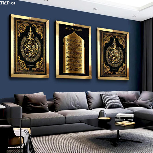3'lü Gold Pleksi Kenar Kolaj Çizim Tablo Pleksi Dini Tablolar